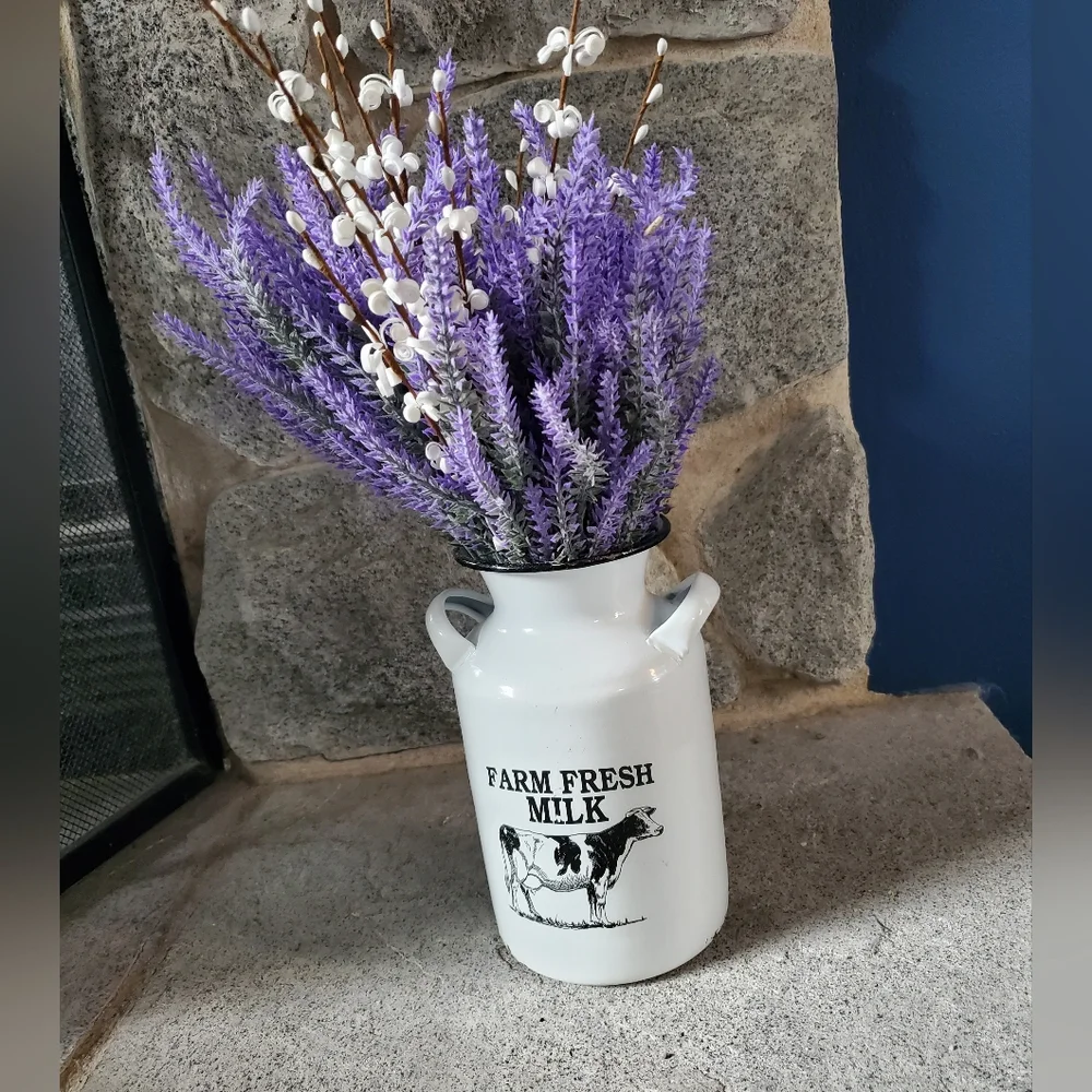 Lavender Artificial Flowers in Milk Jug Metal Vase